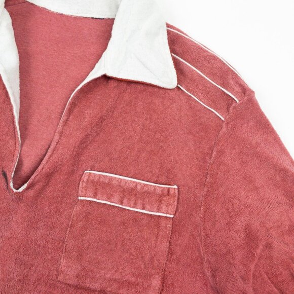 Vintage 50s Terry Cloth Polo Shirt Men's Fits Small Red White Piped Resortwear - Picture 3 of 15